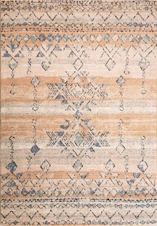Cozy 5425 Rust Dark Beige is a tribal patterned designed machine made rug. Constructed from luxurious polyester yarn, it features a soft feel. Colours Rust and Dark Beige with Cream and Black and Blue Diamond Patterns. Sizes 160 X 230, 200 X 290, 240 X 320 and 300 X 400. Full.