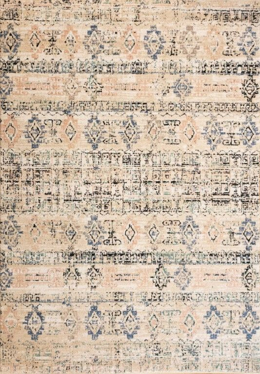 Cozy 5434 Ivory Beige is a tribal patterned designed machine made rug. Constructed from luxurious polyester yarn, it features a soft feel.  Colours  Ivory Beige with Cream, Black and Blue Tribal Patterns. Size 160 X 230 and 200 X 290. Full.