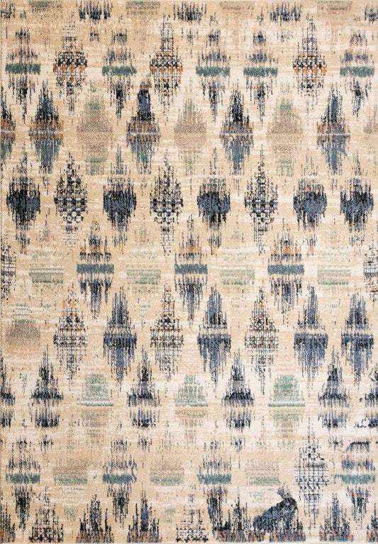Cozy 5439 Blue Beige is a tribal diamond patterned designed machine made rug. Constructed from luxurious polyester yarn, it features a soft feel.  Colours Beige with Cream, Blue and Black Diamond Patterns. Sizes  160 X 230 and 200 X 290 and 300 X 400. Full.