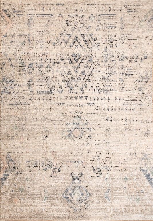 Cozy 5443 Dark Beige is a tribal diamond patterned designed machine made rug. Constructed from luxurious polyester yarn, it features a soft feel.  Colours Beige with Cream, Blue and Black  Tribal Diamond Patterns. Sizes 160 X 230 and 300 X 400. Full.