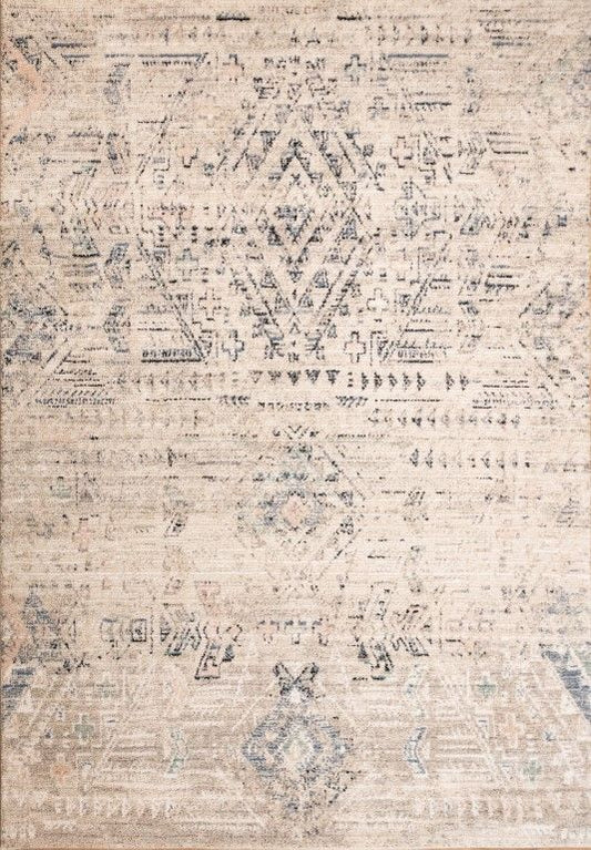 Cozy 5443 Dark Beige is a tribal diamond patterned designed machine made rug. Constructed from luxurious polyester yarn, it features a soft feel.  Colours Beige with Cream, Blue and Black  Tribal Diamond Patterns. Sizes 160 X 230 and 300 X 400. Full.