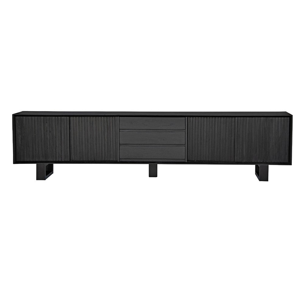 The Crosby Black Entertainment Unit, featuring 4 Sliding Doors and 3 drawers. This entertainment unit boasts a modern design and ample storage. Crafted from solid white cedar. Colour Black. Measures 2500 Length x 400 Depth x 600 Height. Front Plain.
