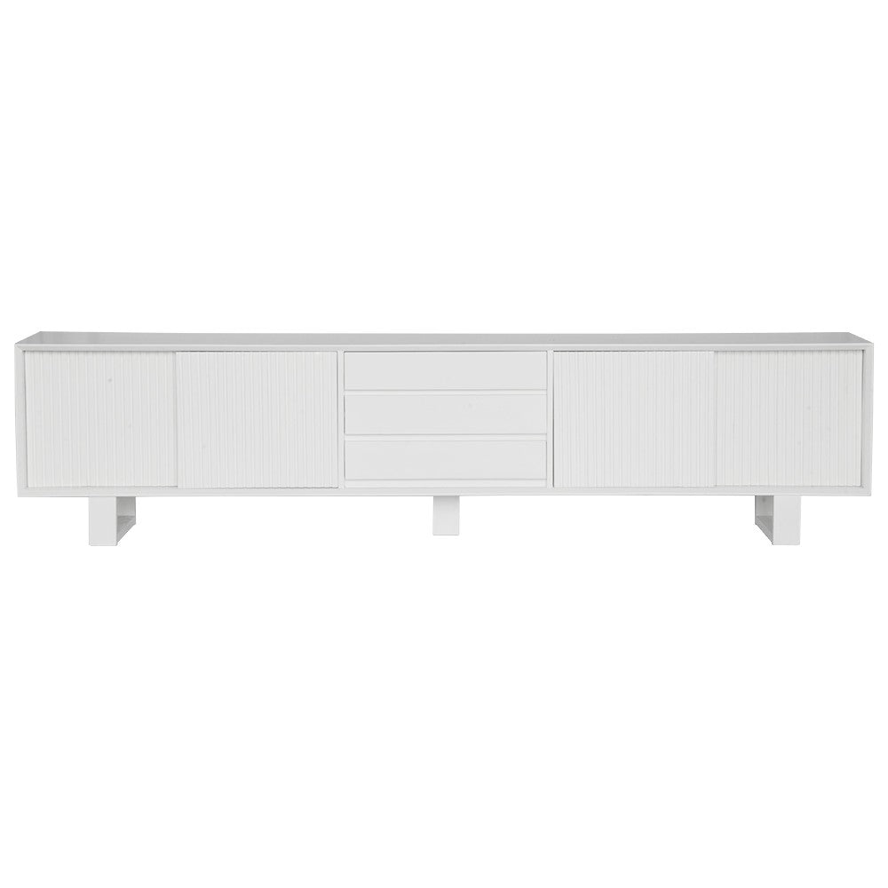 The Crosby White Entertainment Unit, featuring 4 Sliding Doors and 3 drawers. This entertainment unit boasts a modern design and ample storage. Crafted from solid white cedar. Colour White. Measures 2500 Length x 400 Depth x 600 Height. Front Plain.