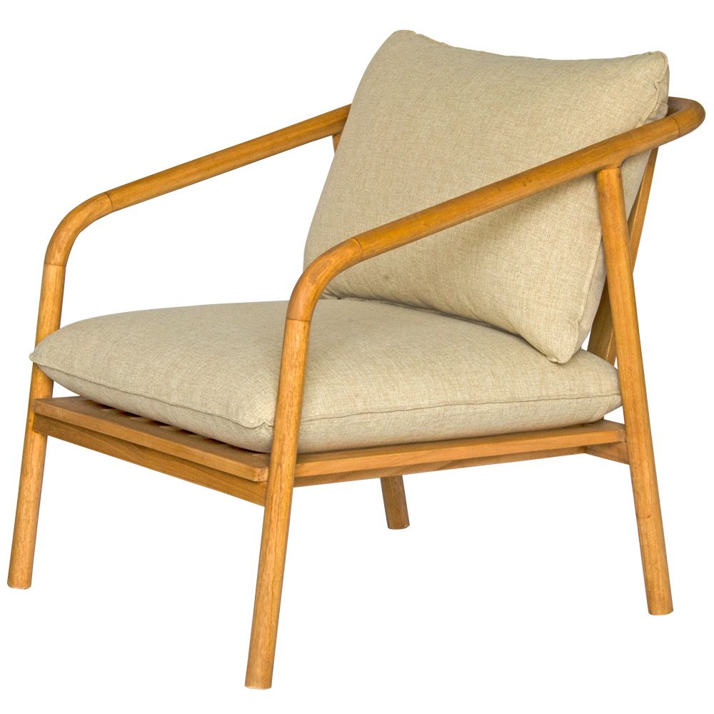 The Daisy Occasional Chair - Its solid teak frame adds a touch of elegance, while beige cotton twill cushions provide comfort. Measures 740 Wide X 850 Depth X 850 Height - 450 Seat Height. Angle.