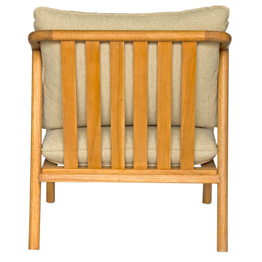 The Daisy Occasional Chair - Its solid teak frame adds a touch of elegance, while beige cotton twill cushions provide comfort. Measures 740 Wide X 850 Depth X 850 Height - 450 Seat Height. Back.
