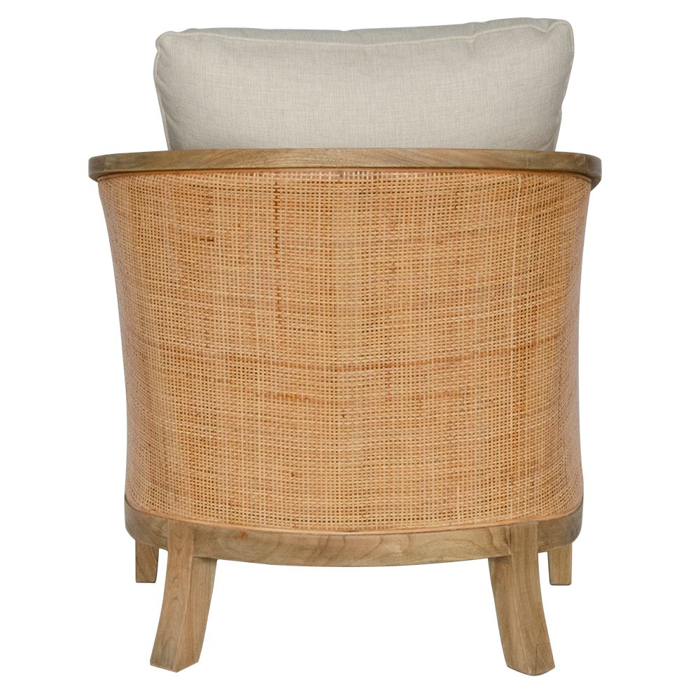 The Daisy Occasional Chair. Teak Frame wrapped in open mesh rattan. Includes cushioned seat and back. Colour Natural Teak and Rattan with cream cotton twill cushions. Measures 700 Wide X 800 Depth X 750 Back Height. back.