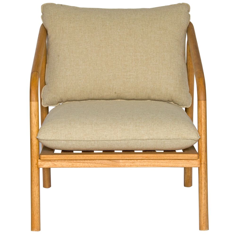 The Daisy Occasional Chair - Its solid teak frame adds a touch of elegance, while beige cotton twill cushions provide comfort. Measures 740 Wide X 850 Depth X 850 Height - 450 Seat Height. Front.