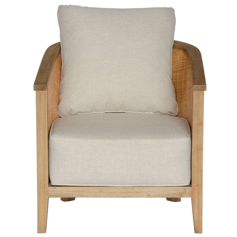 The Daisy Occasional Chair. Teak Frame wrapped in open mesh rattan. Includes cushioned seat and back. Colour Natural Teak and Rattan with cream cotton twill cushions. Measures 700 Wide X 800 Depth X 750 Back Height. Front Plain.