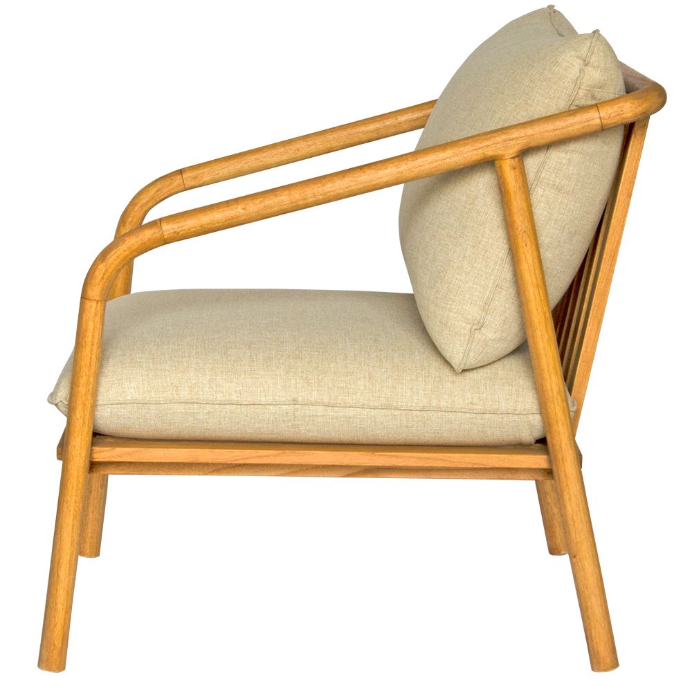 The Daisy Occasional Chair - Its solid teak frame adds a touch of elegance, while beige cotton twill cushions provide comfort. Measures 740 Wide X 850 Depth X 850 Height - 450 Seat Height. Side.