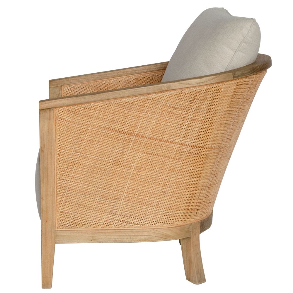 The Daisy Occasional Chair. Teak Frame wrapped in open mesh rattan. Includes cushioned seat and back. Colour Natural Teak and Rattan with cream cotton twill cushions. Measures 700 Wide X 800 Depth X 750 Back Height. Side.
