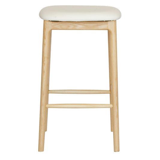 The Danube - Natural and White Barstool. A contemporary style barstool. Solid natural ash frame with white polyurethane seat. Measures  400W X 400D X 670 Seat Height. Front.