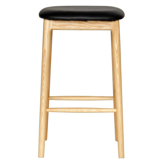 The Danube - Natural Black Barstool. A contemporary style barstool. Solid natural ash frame with black polyurethane seat. Measures  400W X 400D X 670 Seat Height. Front.
