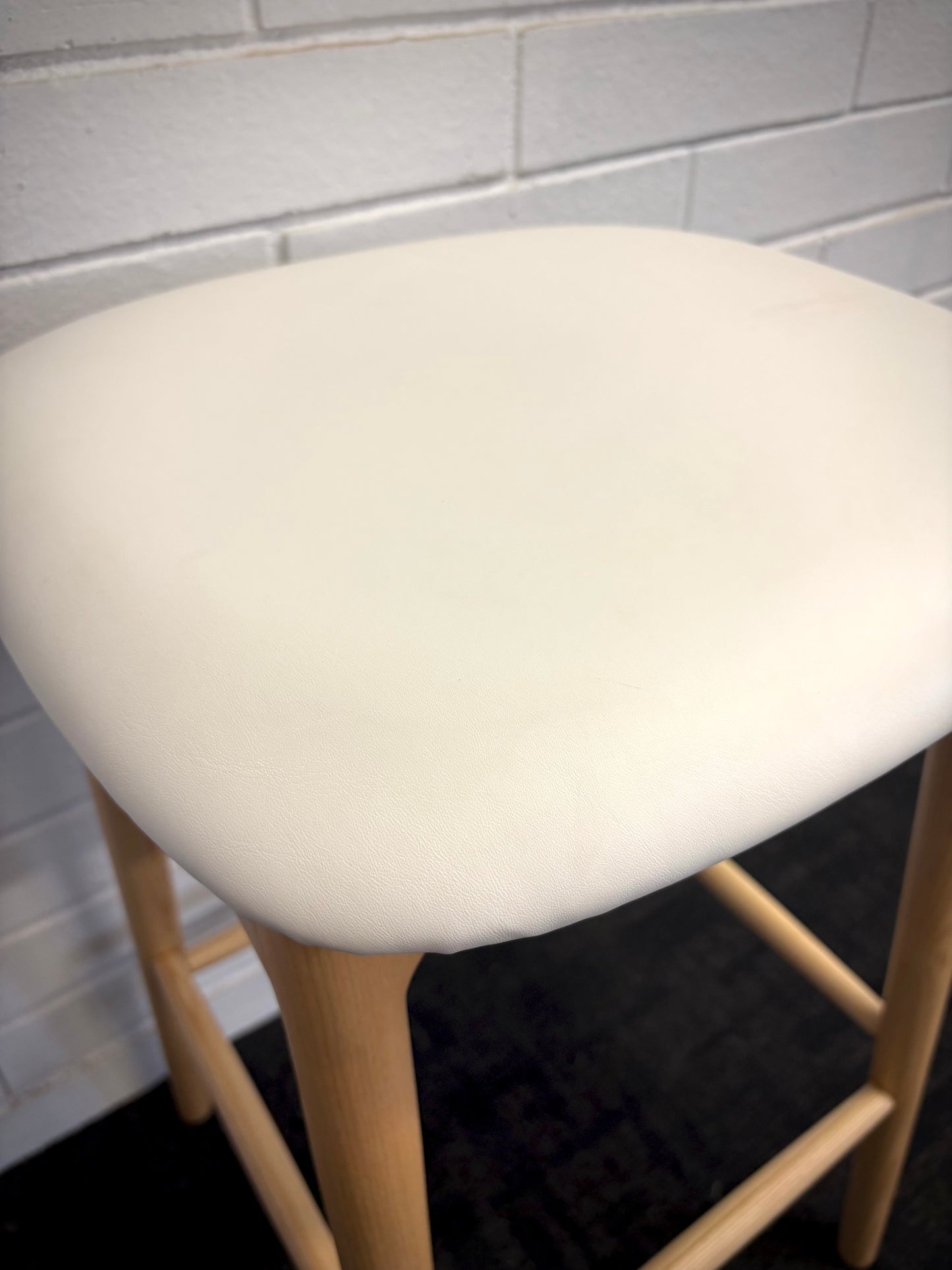 The Danube - Natural and White Barstool. A contemporary style barstool. Solid natural ash frame with white polyurethane seat. Measures  400W X 400D X 670 Seat Height. Close.