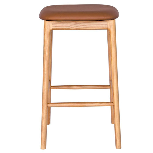 The Danube - Natural/Tan Barstool. A contemporary style barstool. Solid natural ash frame with tan polyurethane seat. Measures  400W X 400D X 670 Seat Height. Front.