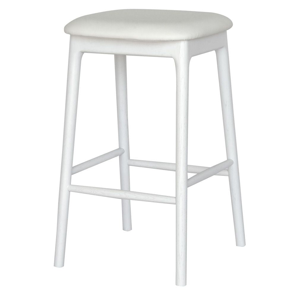 The Danube - White Barstool. A contemporary style barstool. Solid natural ash frame with tan polyurethane seat. Measures  400W X 400D X 670 Seat Height. Angle.
