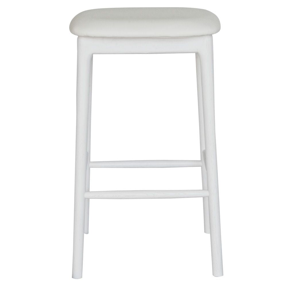 The Danube - White Barstool. A contemporary style barstool. Solid natural ash frame with tan polyurethane seat. Measures  400W X 400D X 670 Seat Height. Front.