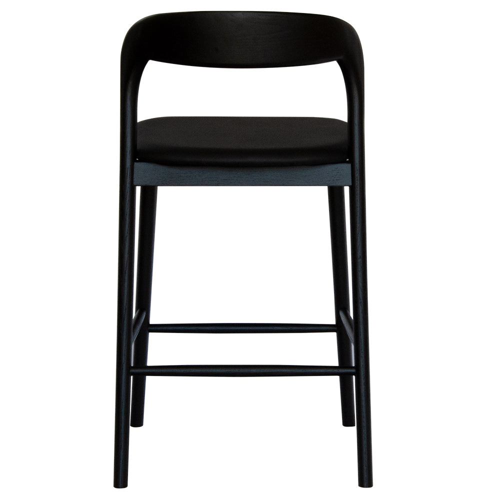 The Danube, with Back, Black Barstool. A blend of modern and contemporary style. Solid black ash frame with black polyurethane seat. Measures  470W X 450D X 670 Seat Height. Back Height 920. Back.