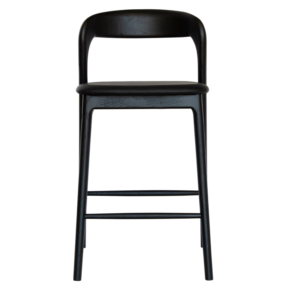 The Danube, with Back, Black Barstool. A blend of modern and contemporary style. Solid black ash frame with black polyurethane seat. Measures  470W X 450D X 670 Seat Height. Back Height 920. Front.