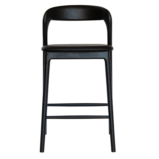 The Danube, with Back, Black Barstool. A blend of modern and contemporary style. Solid black ash frame with black polyurethane seat. Measures  470W X 450D X 670 Seat Height. Back Height 920. Front.