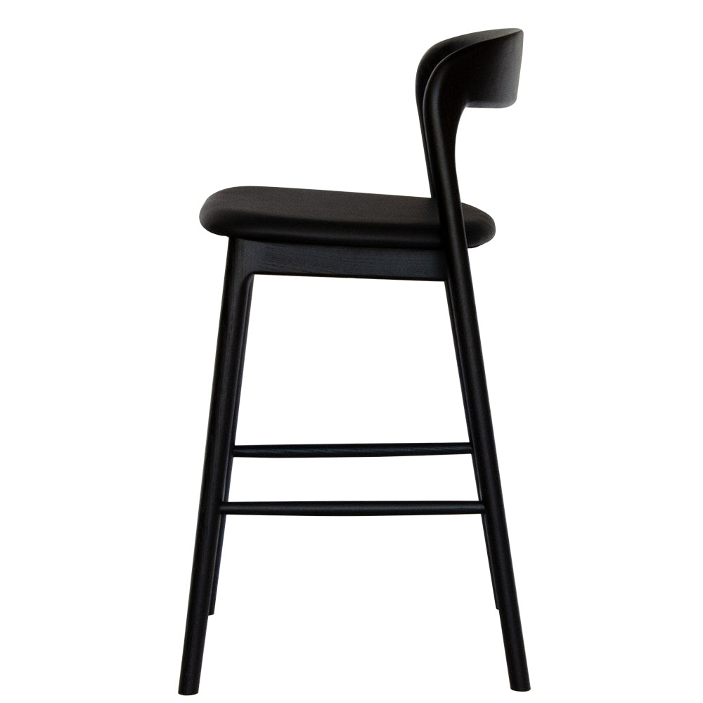The Danube, with Back, Black Barstool. A blend of modern and contemporary style. Solid black ash frame with black polyurethane seat. Measures  470W X 450D X 670 Seat Height. Back Height 920.  Side.