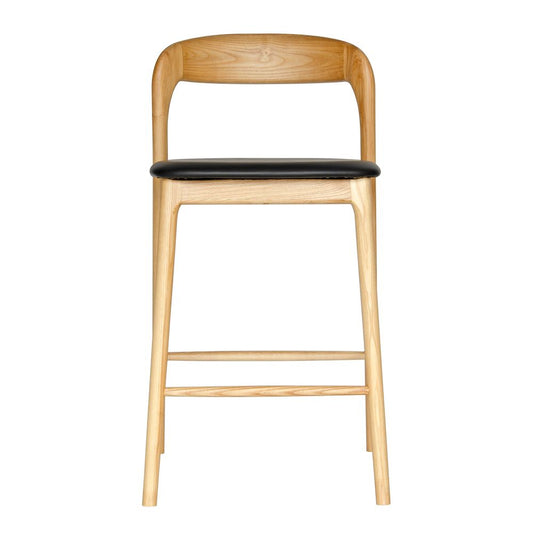 The Danube with Back - Natural Black Barstool. A contemporary style barstool. Solid natural ash frame with black polyurethane seat. Measures  470W X 450D X 670 Seat Height. Back Height 920. Front.