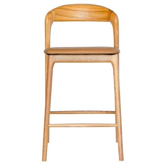 The Danube with Back - Natural / Tan Barstool. A contemporary style barstool. Solid natural ash frame with tan polyurethane seat. Measures  470W X 450D X 670 Seat Height. Back Height 920. Front.