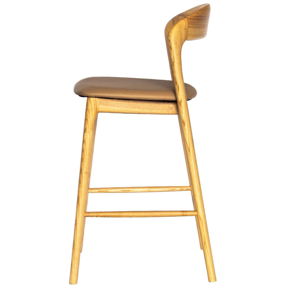 The Danube with Back - Natural / Tan Barstool. A contemporary style barstool. Solid natural ash frame with tan polyurethane seat. Measures  470W X 450D X 670 Seat Height. Back Height 920.   Side.