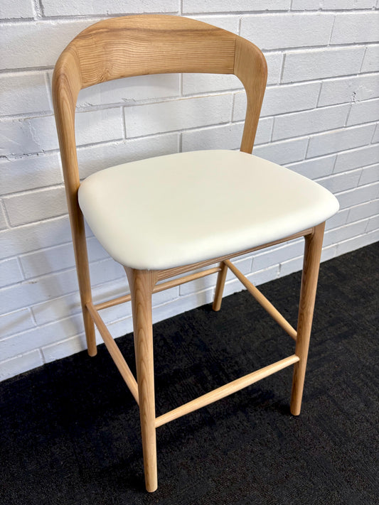 The Danube with Back - Natural White Barstool. A contemporary style barstool. Solid natural ash frame with white polyurethane seat. Measures  470W X 450D X 670 Seat Height. Back Height 920. Angle.