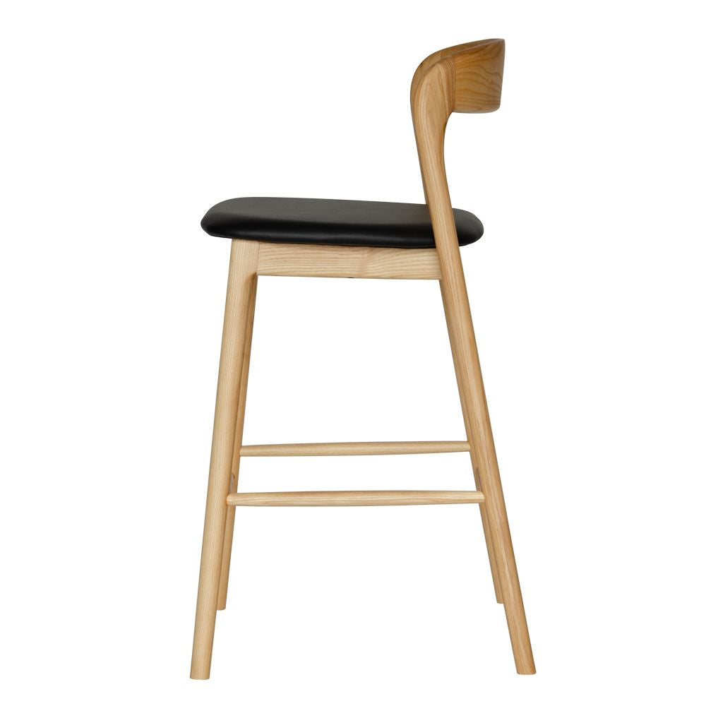 The Danube with Back - Natural Black Barstool. A contemporary style barstool. Solid natural ash frame with black polyurethane seat. Measures  470W X 450D X 670 Seat Height. Back Height 920.  Side.