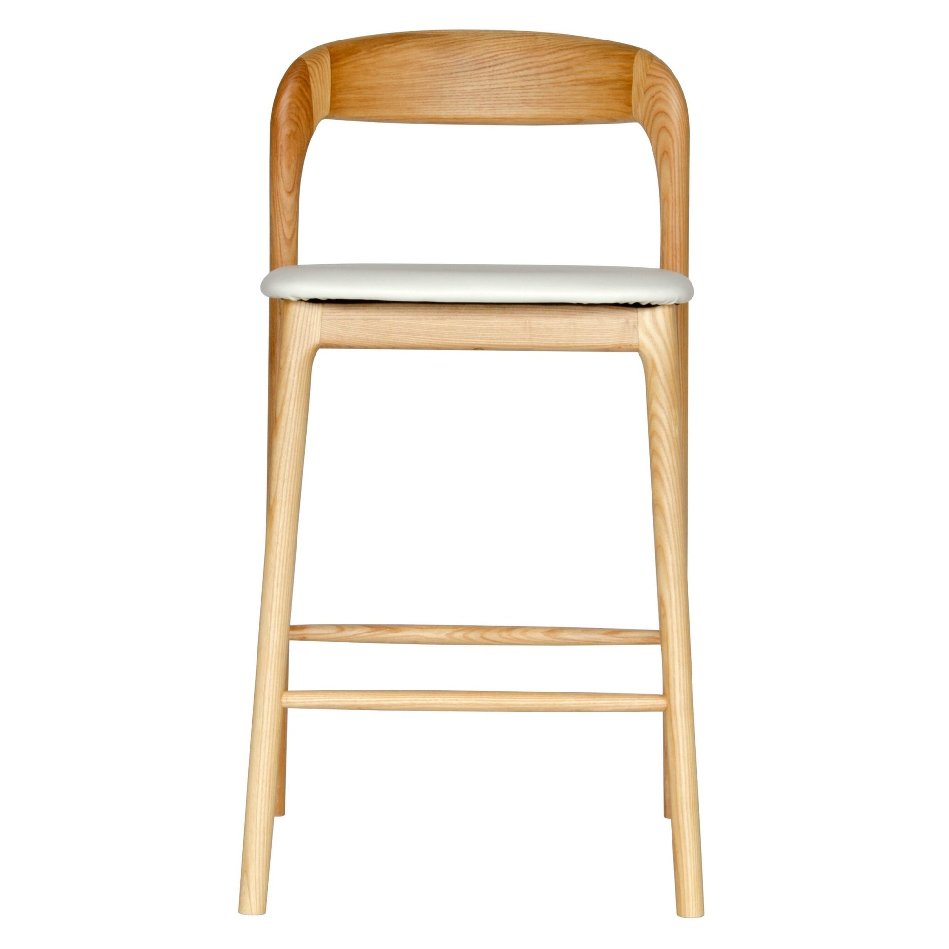 The Danube with Back - Natural White Barstool. A contemporary style barstool. Solid natural ash frame with white polyurethane seat. Measures  470W X 450D X 670 Seat Height. Back Height 920. Front.