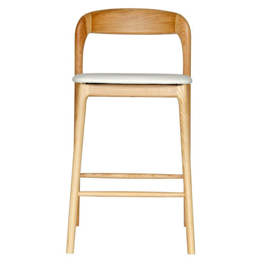 The Danube with Back - Natural White Barstool. A contemporary style barstool. Solid natural ash frame with white polyurethane seat. Measures  470W X 450D X 670 Seat Height. Back Height 920. Front.