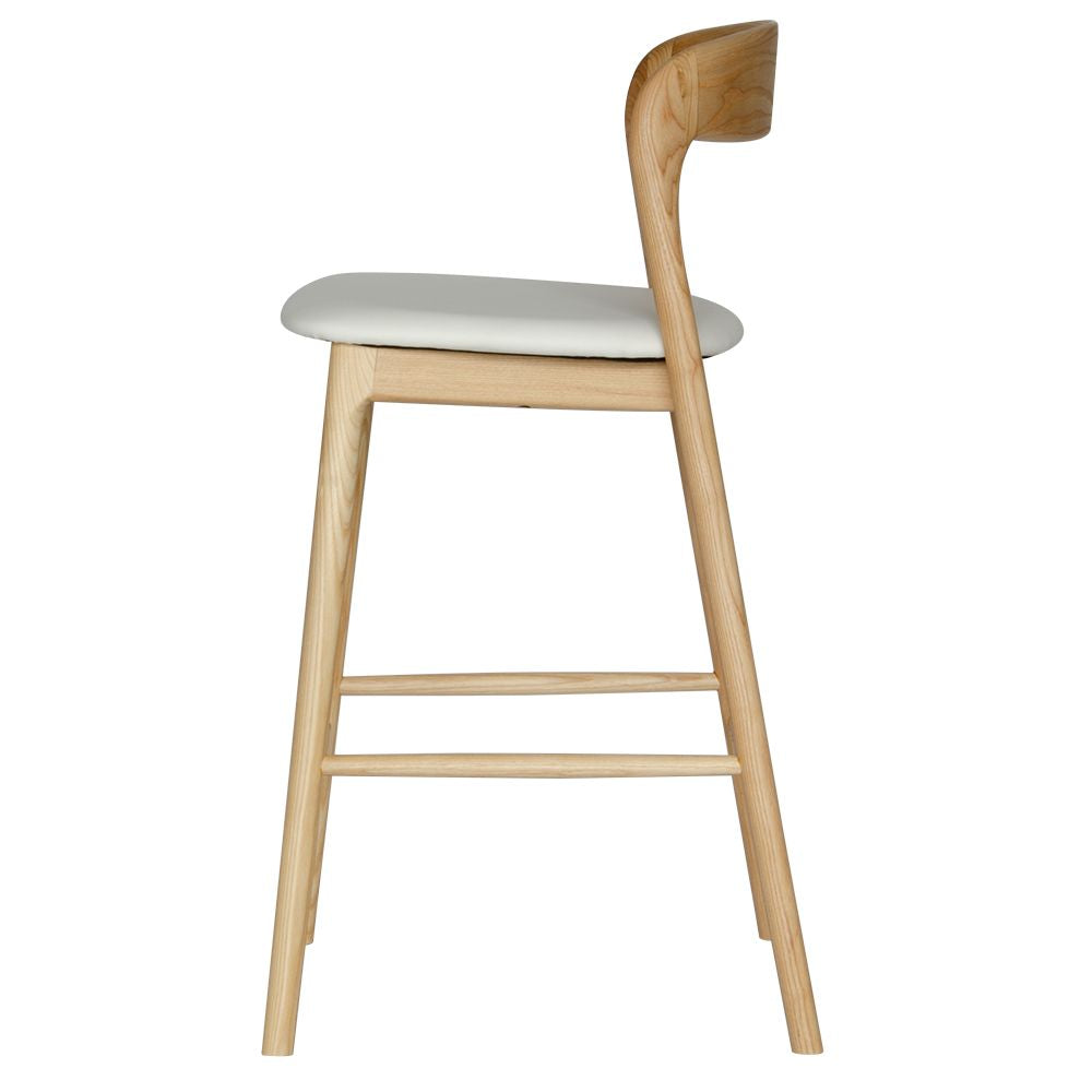 The Danube with Back - Natural White Barstool. A contemporary style barstool. Solid natural ash frame with white polyurethane seat. Measures  470W X 450D X 670 Seat Height. Back Height 920. Side.