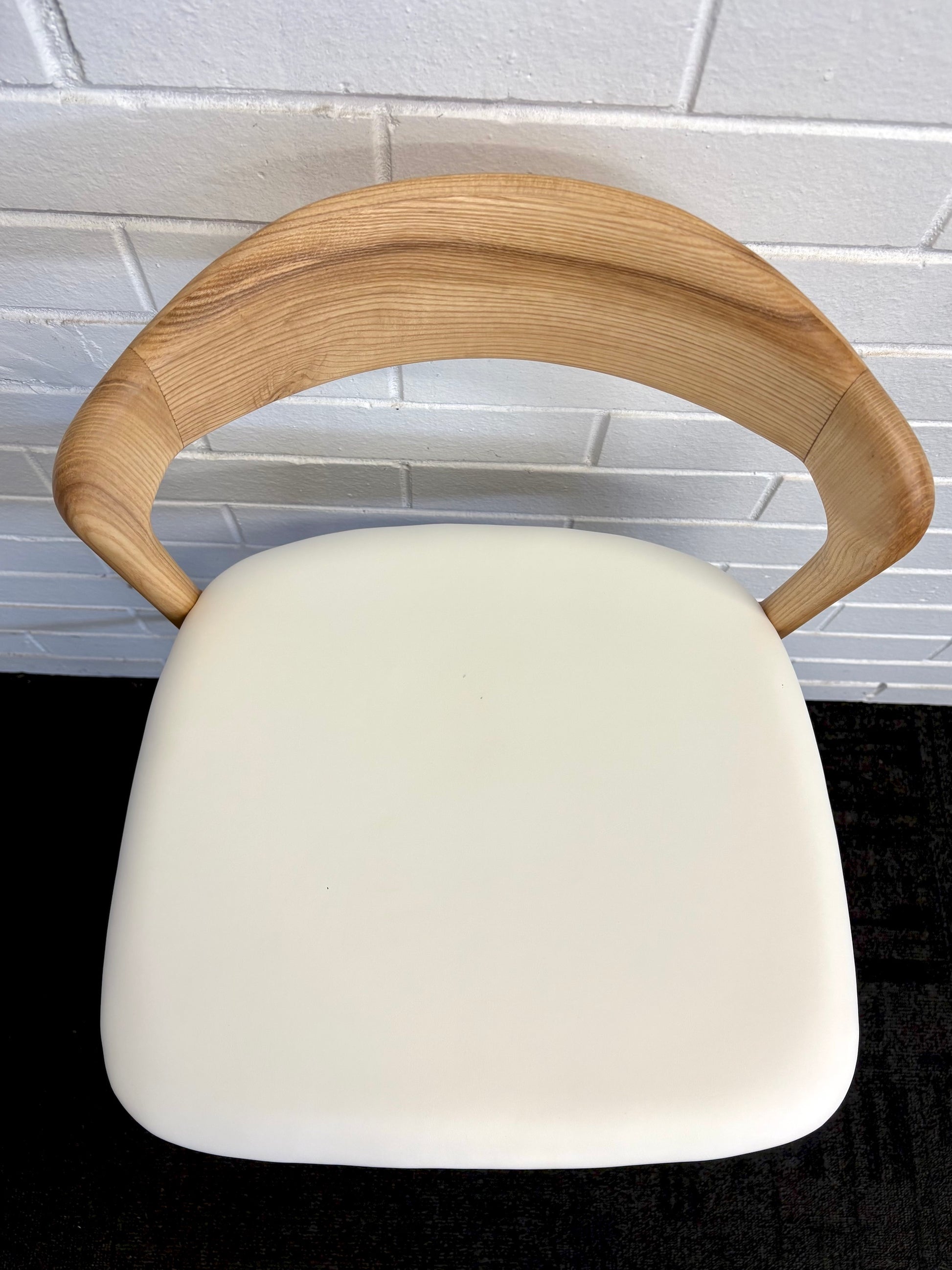 The Danube with Back - Natural White Barstool. A contemporary style barstool. Solid natural ash frame with white polyurethane seat. Measures  470W X 450D X 670 Seat Height. Back Height 920. Top.
