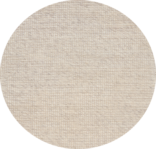 Dasha Round - Light Grey rug. Made of 80% wool and 20% polyester, this round rug features a unique textured design that adds a cozy and inviting feel to any room. Measuring 200cm in diameter. Front Plain