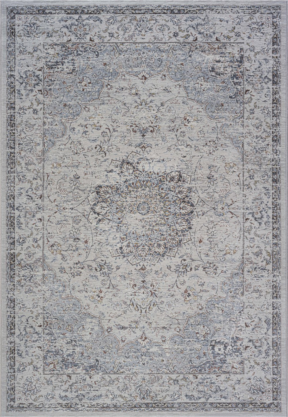 The Davinci 57379 9295 machine-made rug offers traditional style and durability, expertly crafted with heat-set polypropylene for enduring comfort. Colours, Greys, light greys. 3 Sizes. Front Full.