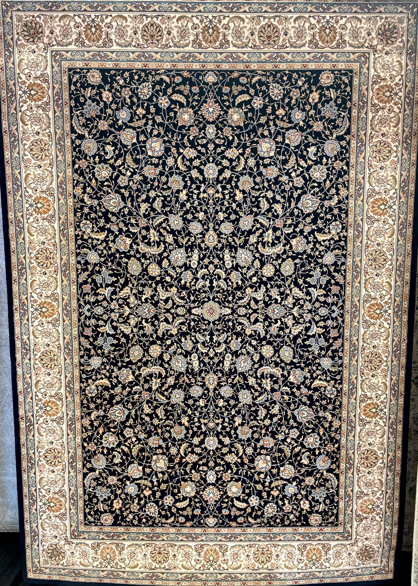 The Davinci Isfahan Blue machine-made Persian rug offers lasting style and durability, expertly crafted with heat-set polypropylene for enduring comfort. Colours, dark blues, beiges, browns. 4 Sizes. Full.