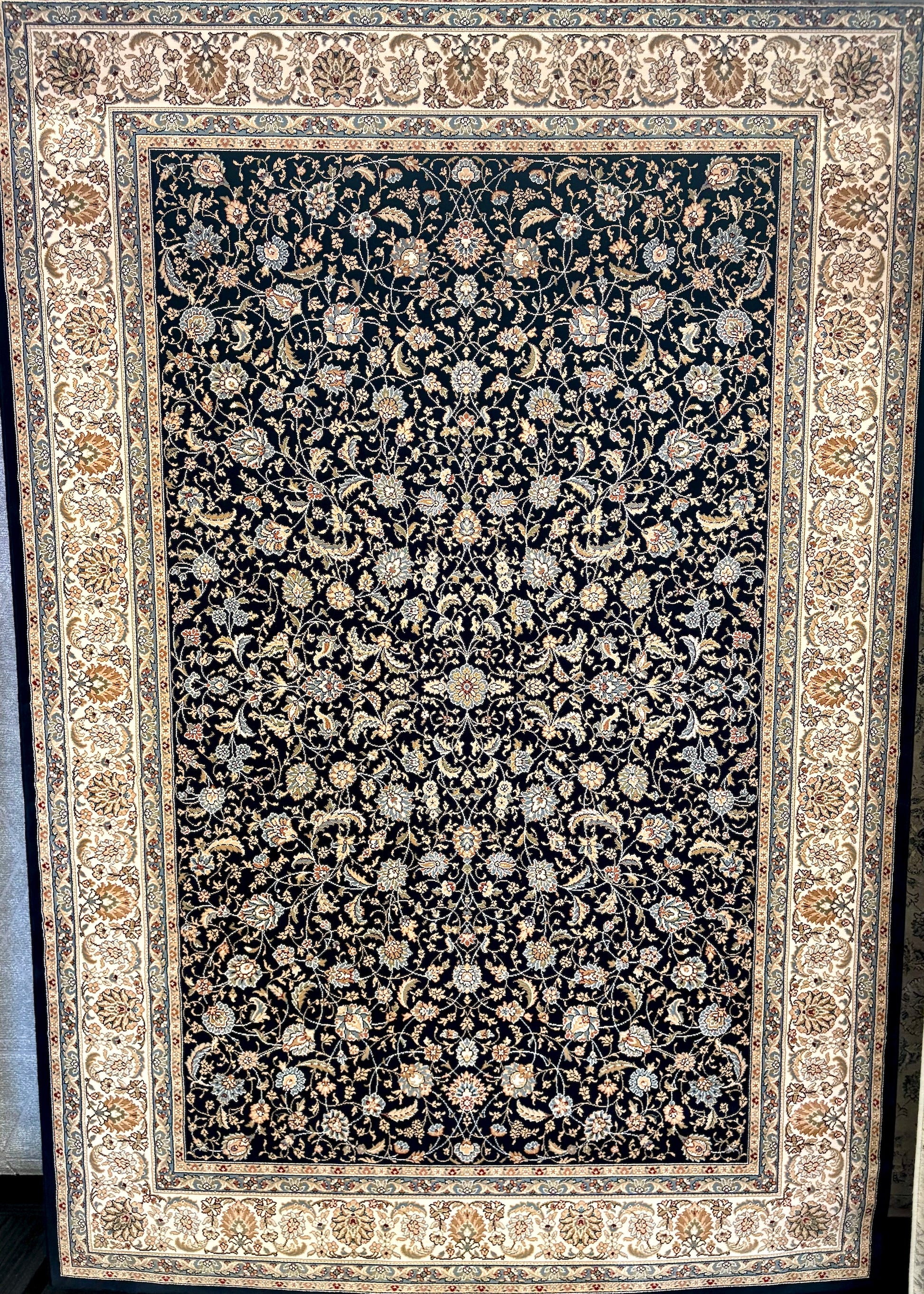 The Davinci Isfahan Blue machine-made Persian rug offers lasting style and durability, expertly crafted with heat-set polypropylene for enduring comfort. Colours, dark blues, beiges, browns. 4 Sizes. Full.