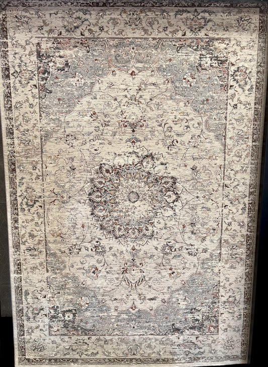 The Davinci Medallion Grey machine-made Persian rug offers traditional style and durability, expertly crafted with heat-set polypropylene for enduring comfort. Colours, Greys, light greys. 3 Sizes. Full.