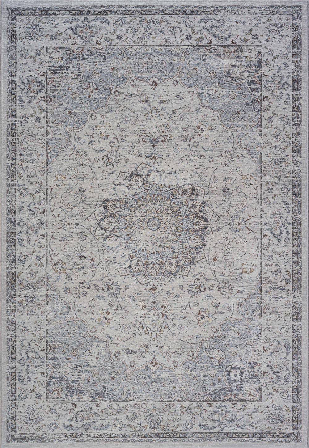 The Davinci Medallion Grey machine-made Persian rug offers traditional style and durability, expertly crafted with heat-set polypropylene for enduring comfort. Colours, Greys, light greys. 3 Sizes. Top.