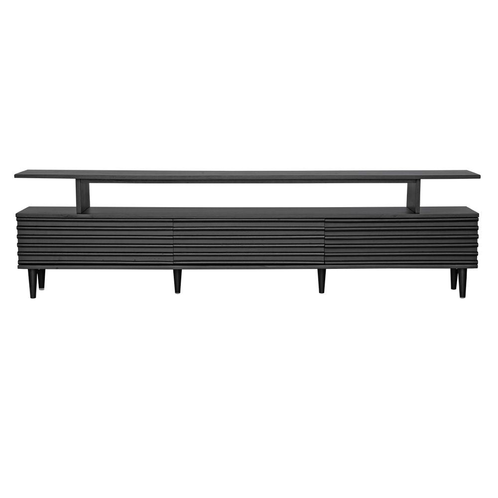 The Dean Black 2400 Entertainment Unit features a floating top shelf.  With 3 textured drawers and stylish turned legs. Colour Black. Measures 2400 Length X 400 Depth X 650 Height. Plain.