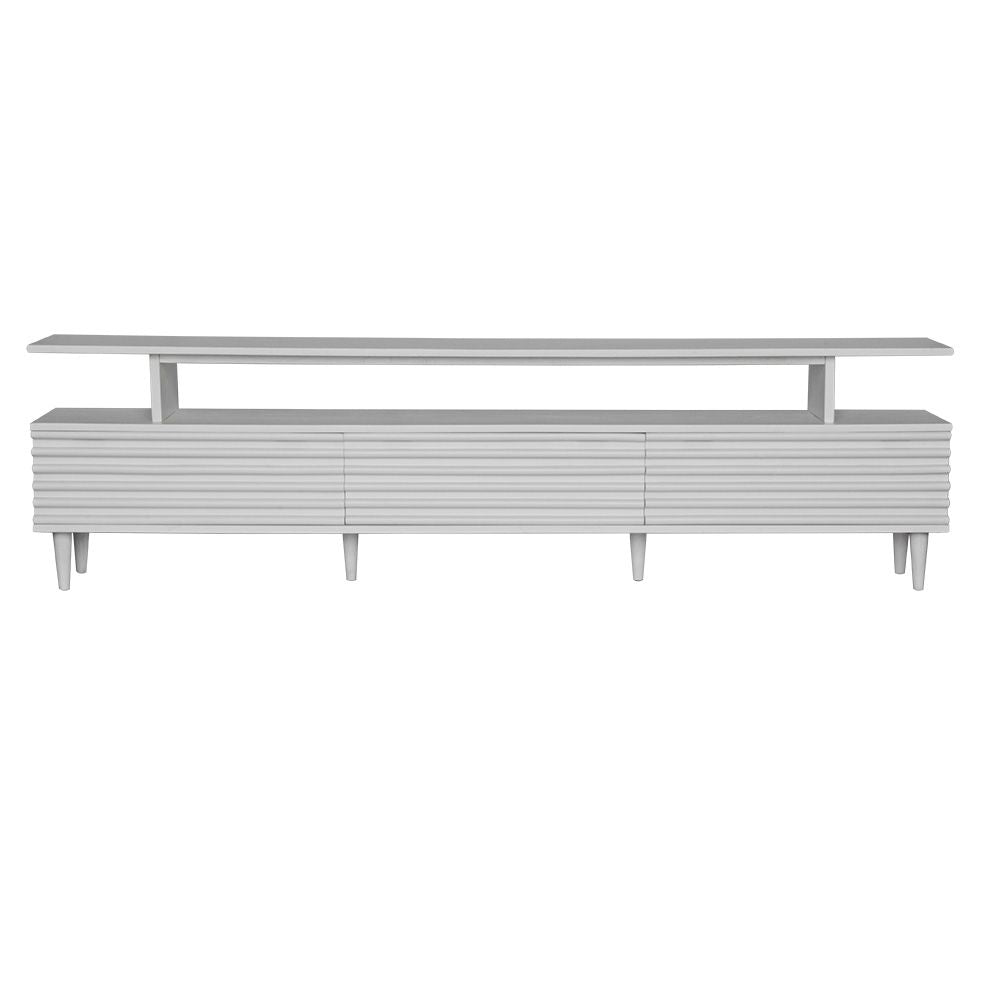 The Dean White 2400 Entertainment Unit features a floating top shelf.  With 3 textured drawers and stylish turned legs. Colour White. Measures 2400 Length X 400 Depth X 650 Height. Front Plain.