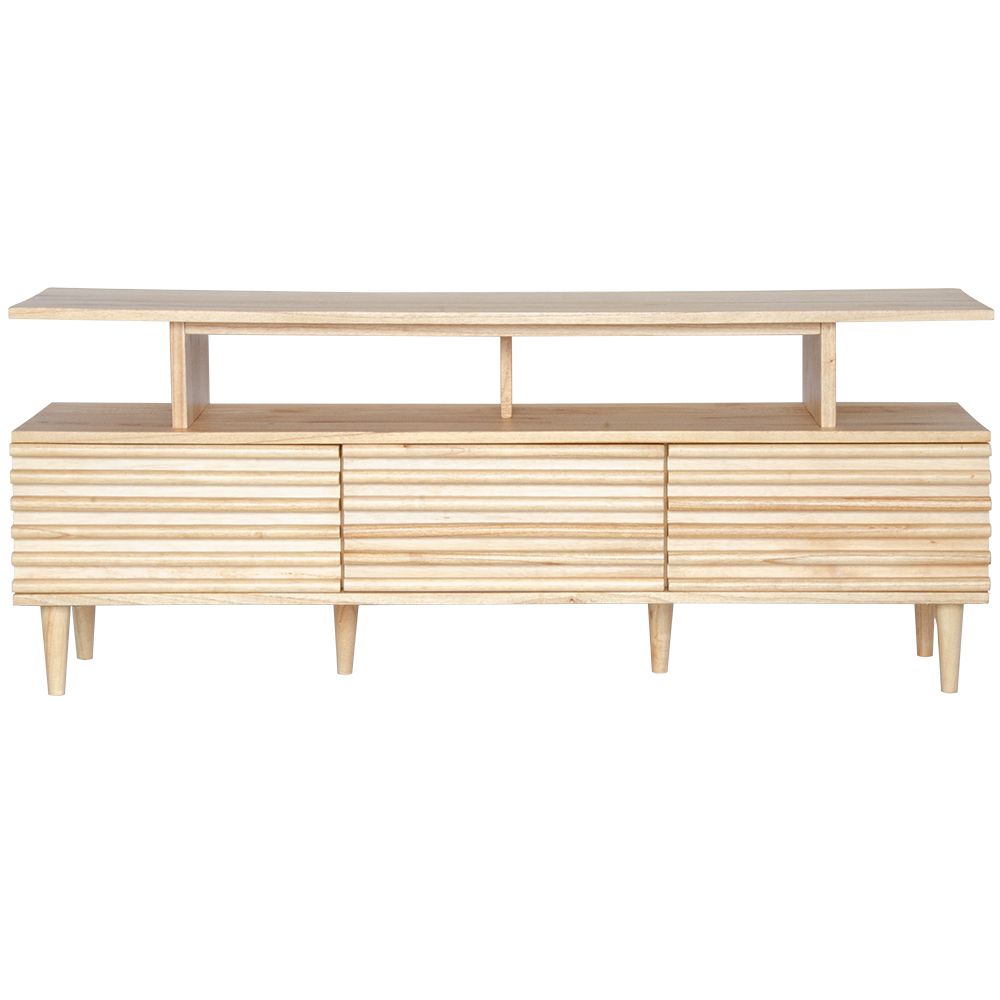 The Dean Natural 1600 Entertainment Unit features a floating top shelf.  With 3 textured drawers and stylish turned legs. Colour Natural. Measures 1600 Length X 400 Depth X 650 Height. Front Plain.