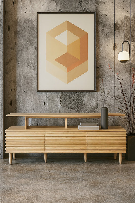 The Dean Natural 1600 Entertainment Unit features a floating top shelf.  With 3 textured drawers and stylish turned legs. Colour Natural. Measures 1600 Length X 400 Depth X 650 Height. Styled.
