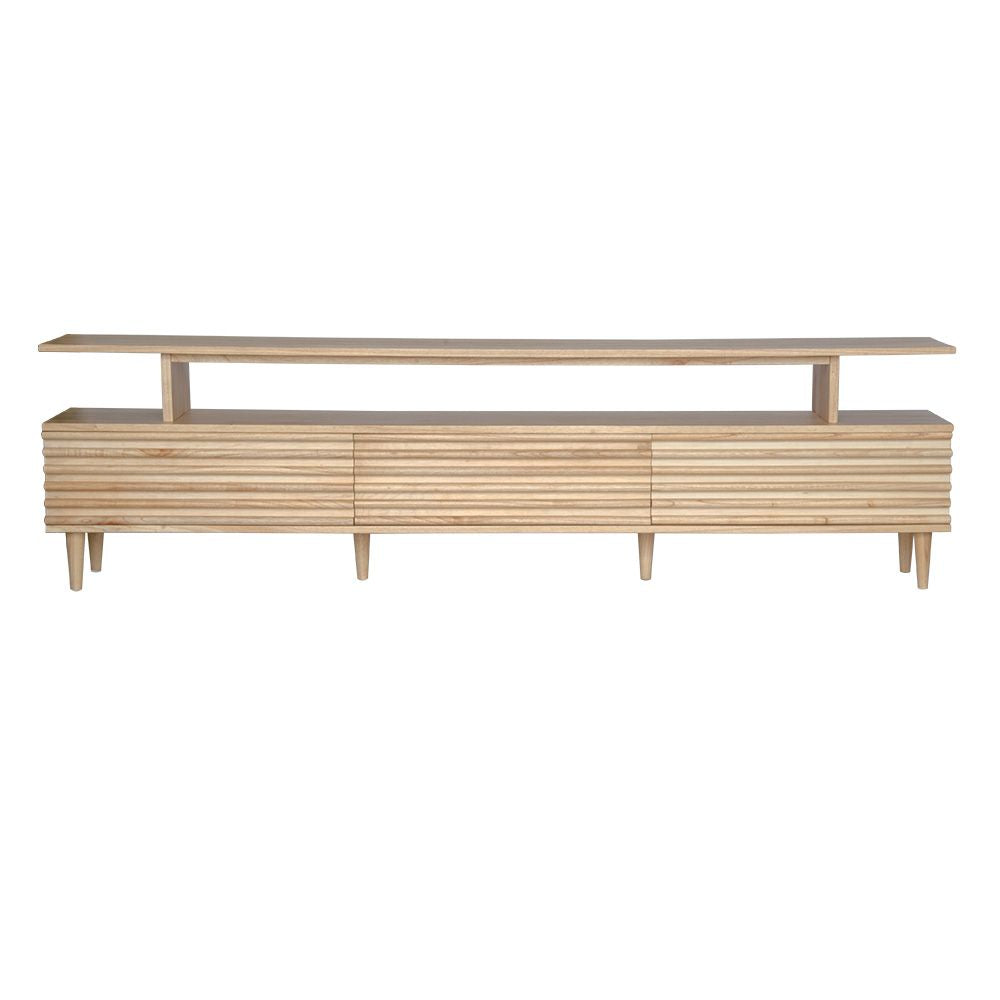 The Dean Natural 2000 Entertainment Unit features a floating top shelf.  With 3 textured drawers and stylish turned legs. Colour Natural. Measures 2000 Length X 400 Depth X 650 Height. Front Plain.