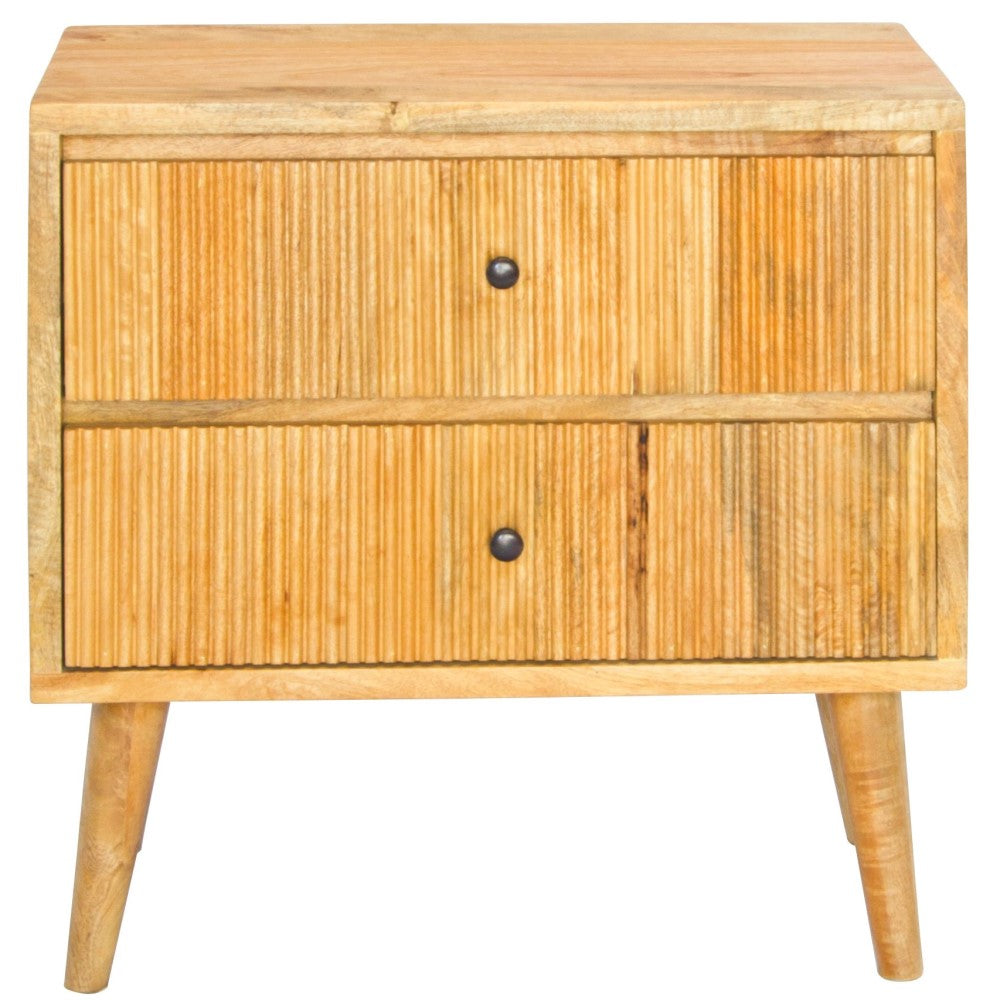 The Denali 2 Drawer bedside is a contemporary designed bedside. It features 2 drawers with a textured front and is crafted from sustainable fruitwood. Colour natural. Measures 600 wide X 350 depth X 610 height. Front Plain.