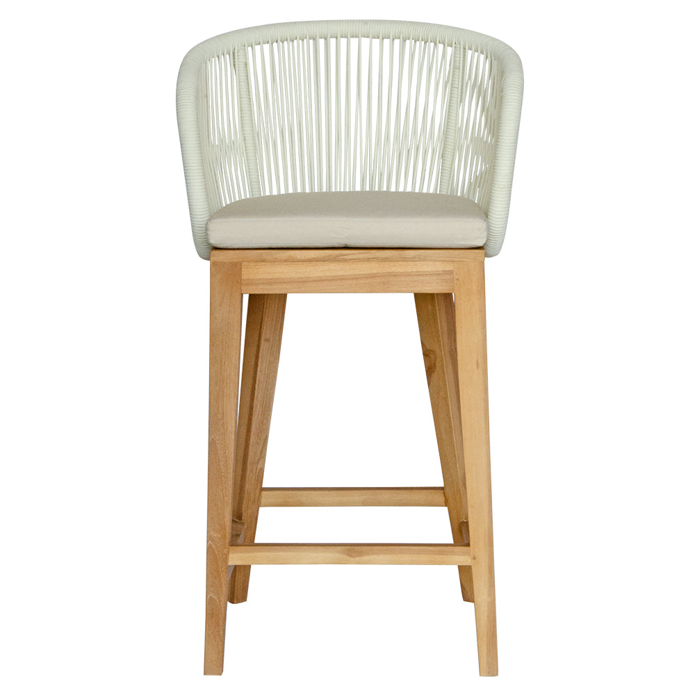 Deschutes with back barstool with solid teak wood frame,woven rope back and cotton twill seat cushion. Featuring a clean, minimalist design suitable for coastal and contemporary interiors. Measures 560 Wide X 450 Depth X 700 Seat Height X 1040 Back Height. Front Plain.