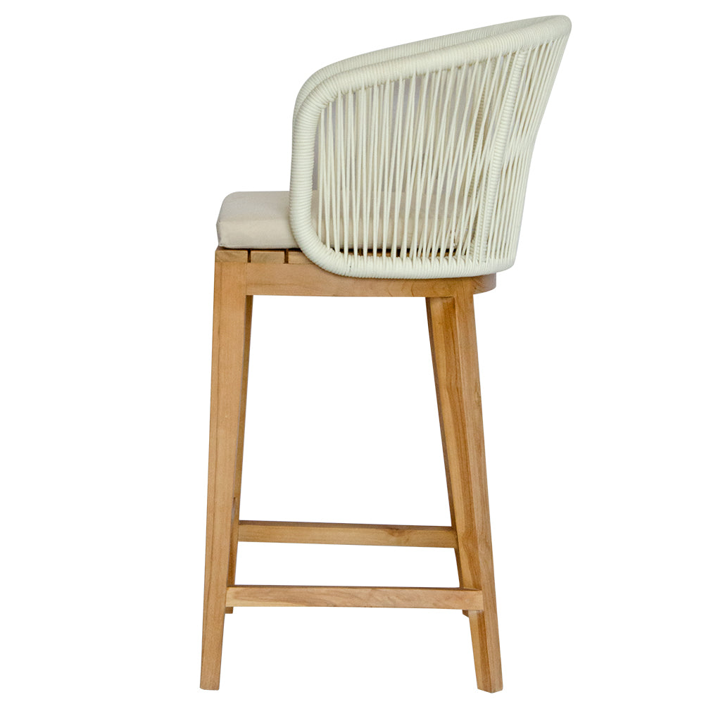 Deschutes with back barstool with solid teak wood frame,woven rope back and cotton twill seat cushion. Featuring a clean, minimalist design suitable for coastal and contemporary interiors. Measures 560 Wide X 450 Depth X 700 Seat Height X 1040 Back Height. Side Plain.