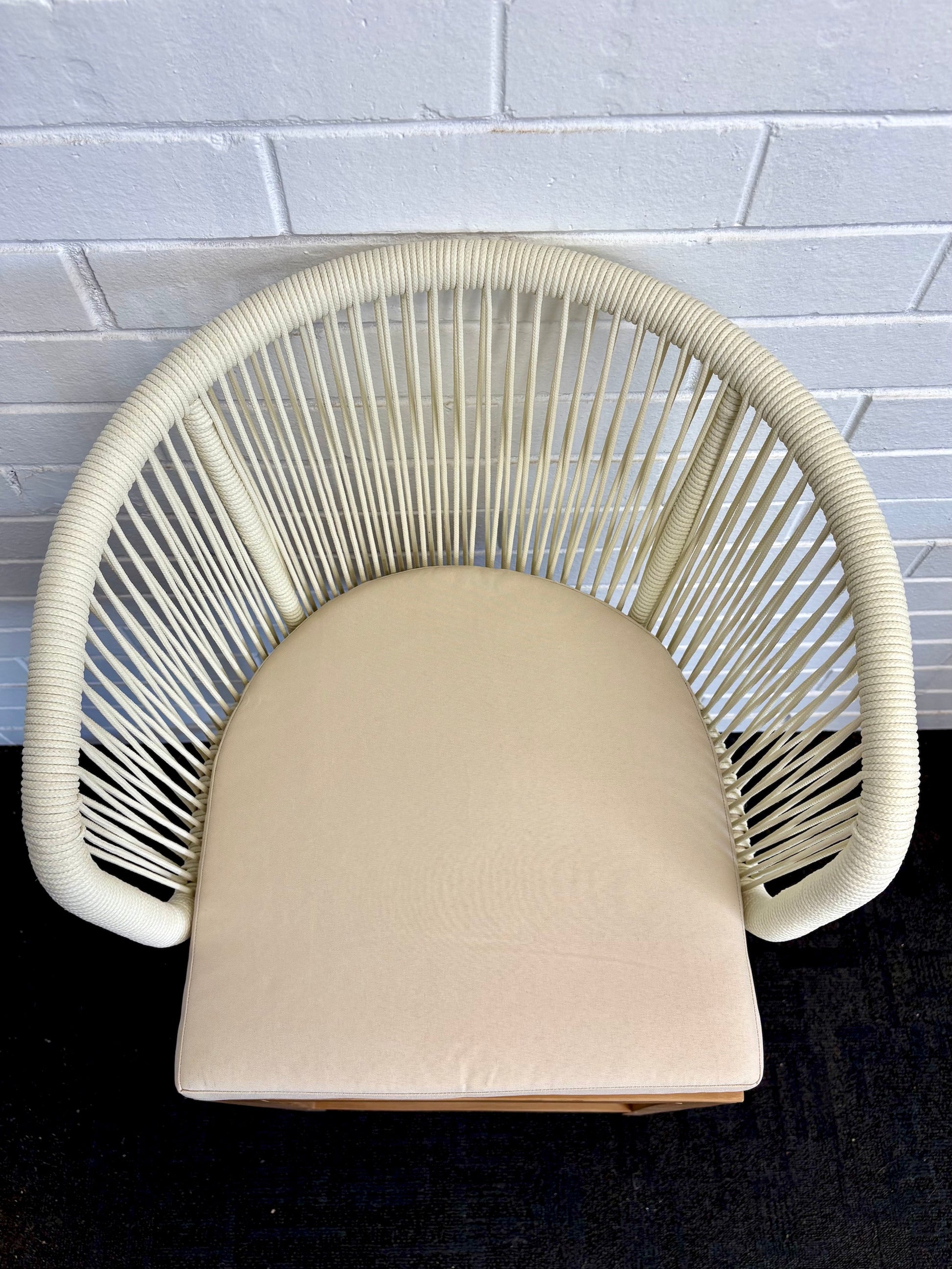 Deschutes with back barstool with solid teak wood frame,woven rope back and cotton twill seat cushion. Featuring a clean, minimalist design suitable for coastal and contemporary interiors. Measures 560 Wide X 450 Depth X 700 Seat Height X 1040 Back Height. Front Plain. Top.