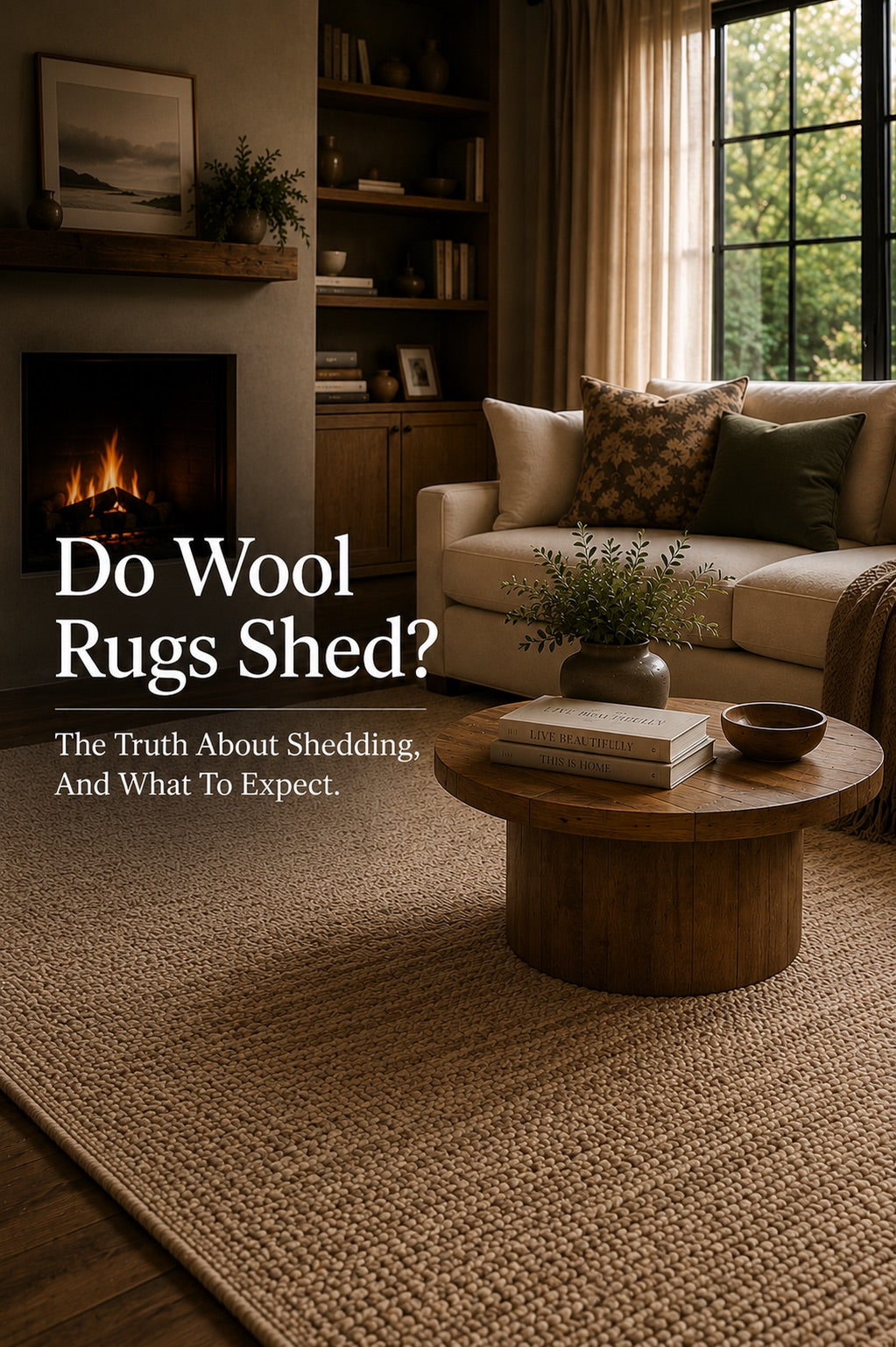 A hand woven textured wool rug styled in a modern Perth home living room.