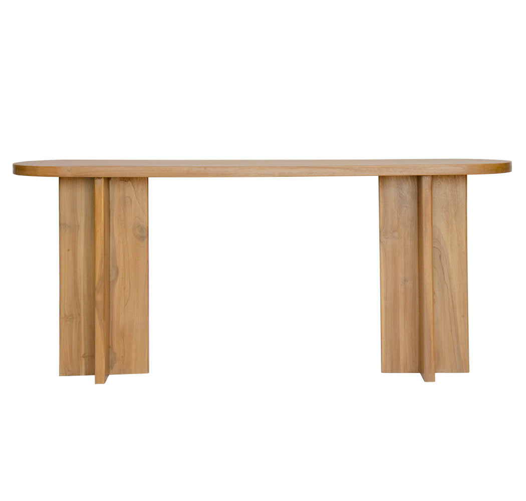Dublin Teak Top Console crafted from solid teak. Featuring solid teak top with rounded ends and solid panel-styled pillar supports. Colour Natural Teak. Measures 1800 Wide X 380 Depth X 800 Height. Front Plain.